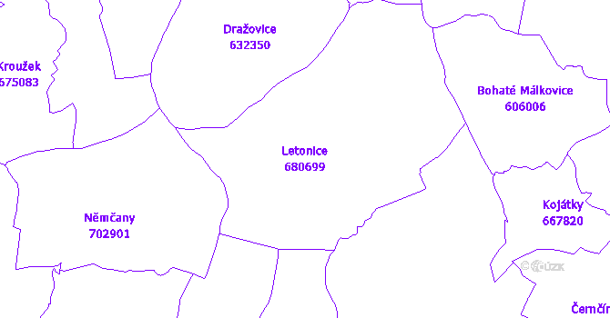 Katastrální mapa Letonice - přehledová mapa katastrálního území