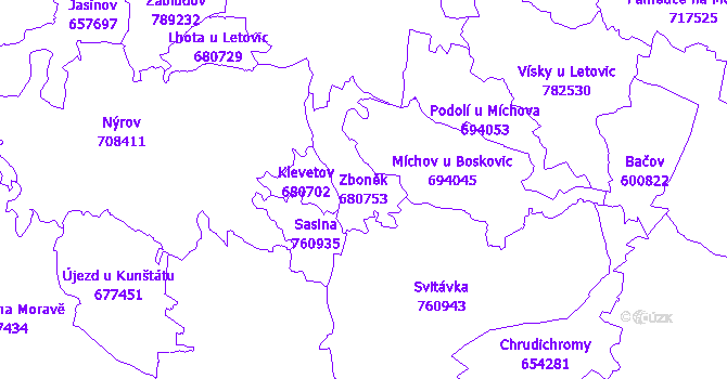 Katastrální mapa Zboněk - přehledová mapa katastrálního území