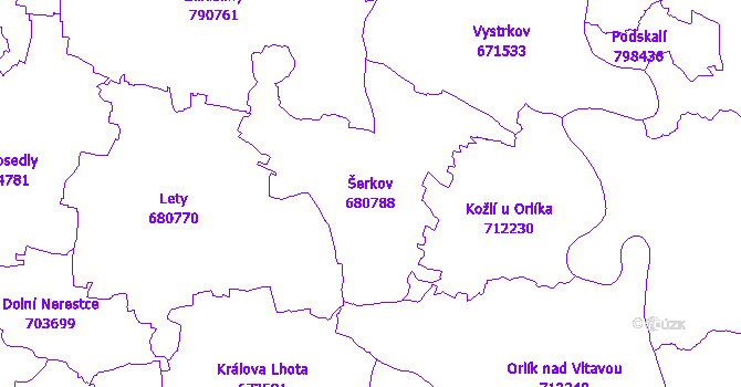 Katastrální mapa Šerkov - přehledová mapa katastrálního území