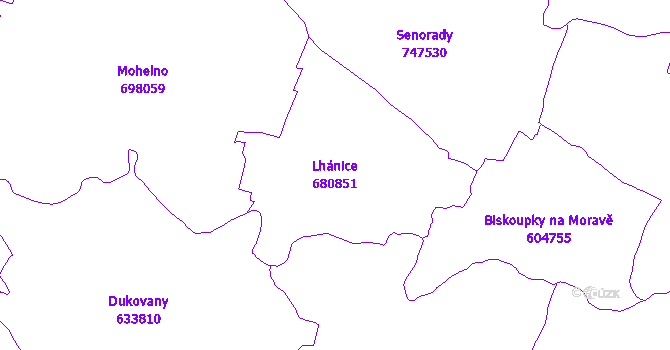 Katastrální mapa Lhánice - přehledová mapa katastrálního území