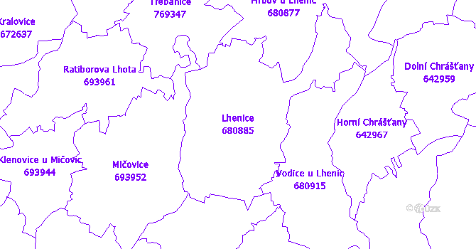Katastrální mapa Lhenice - přehledová mapa katastrálního území
