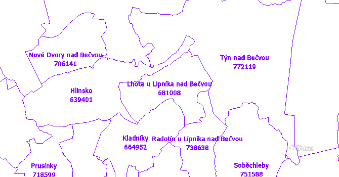 Katastrální mapa Lhota u Lipníka nad Bečvou - přehledová mapa katastrálního území