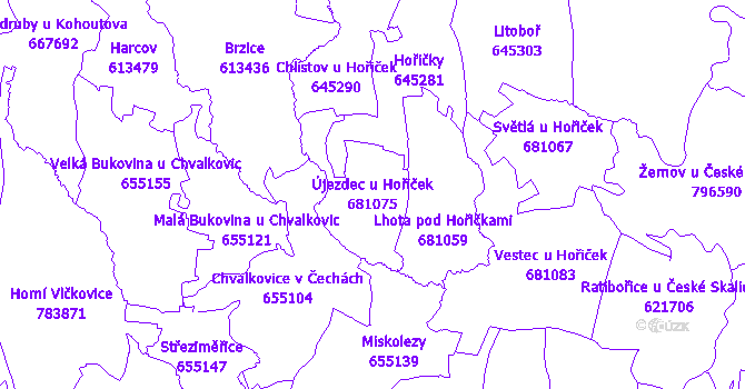 Katastrální mapa Újezdec u Hořiček - přehledová mapa katastrálního území