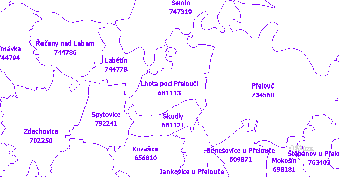 Katastrální mapa Lhota pod Přeloučí - přehledová mapa katastrálního území