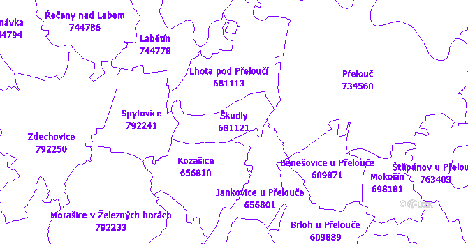 Katastrální mapa Škudly - přehledová mapa katastrálního území