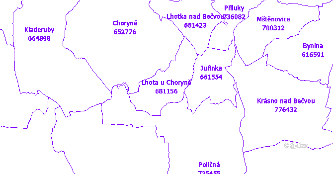 Katastrální mapa Lhota u Choryně - přehledová mapa katastrálního území