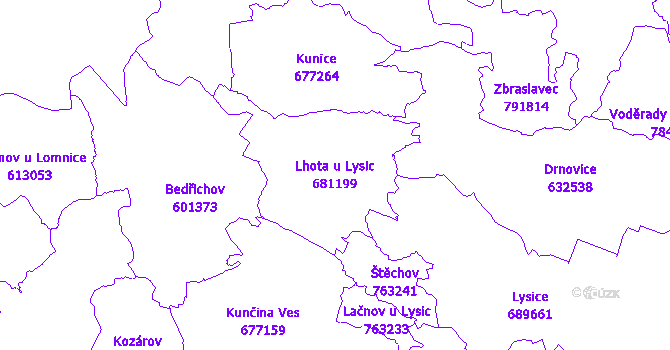 Katastrální mapa Lhota u Lysic - přehledová mapa katastrálního území