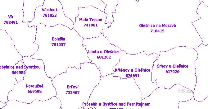 Katastrální mapa Lhota u Olešnice - přehledová mapa katastrálního území