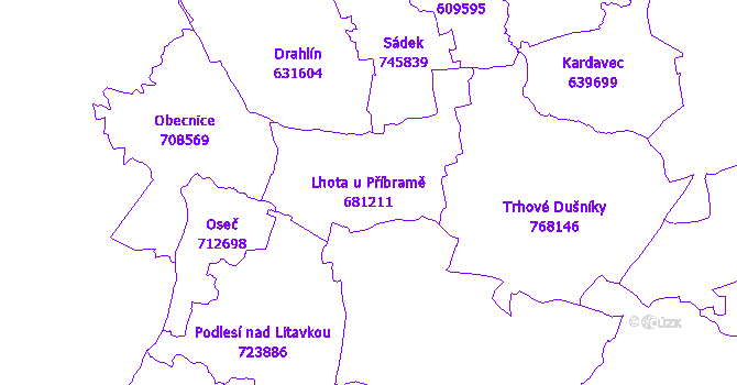 Katastrální mapa Lhota u Příbramě - přehledová mapa katastrálního území