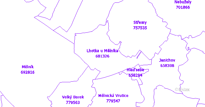 Katastrální mapa Lhotka u Mělníka - přehledová mapa katastrálního území