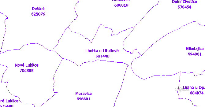 Katastrální mapa Lhotka u Litultovic - přehledová mapa katastrálního území