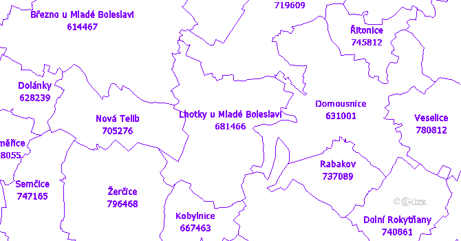 Katastrální mapa Lhotky u Mladé Boleslavi - přehledová mapa katastrálního území