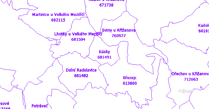 Katastrální mapa Kúsky - přehledová mapa katastrálního území