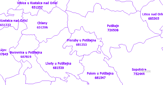 Katastrální mapa Proruby u Potštejna - přehledová mapa katastrálního území