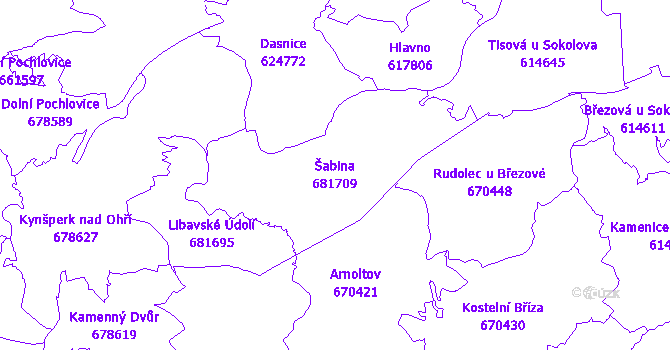 Katastrální mapa Šabina - přehledová mapa katastrálního území