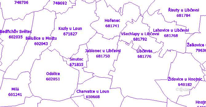 Katastrální mapa Jablonec u Libčevsi - přehledová mapa katastrálního území