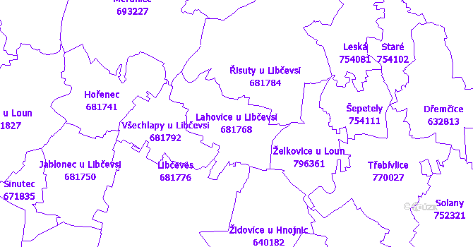 Katastrální mapa Lahovice u Libčevsi - přehledová mapa katastrálního území