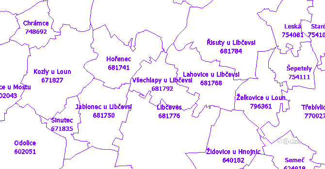 Katastrální mapa Všechlapy u Libčevsi - přehledová mapa katastrálního území