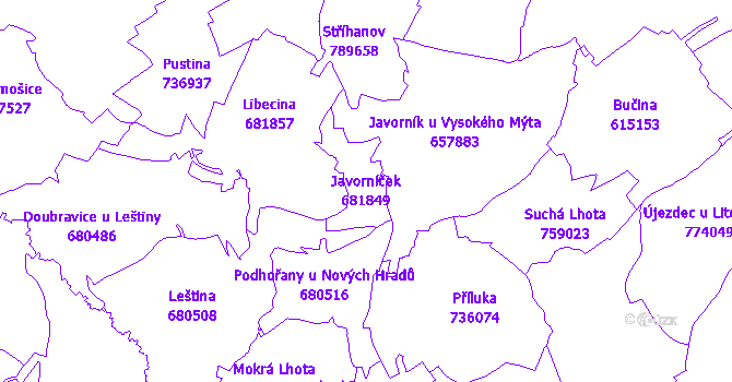 Katastrální mapa Javorníček - přehledová mapa katastrálního území