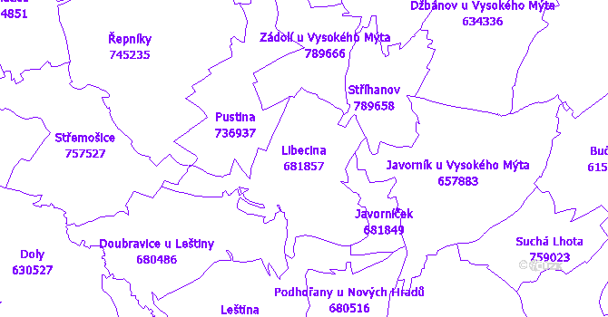 Katastrální mapa Libecina - přehledová mapa katastrálního území