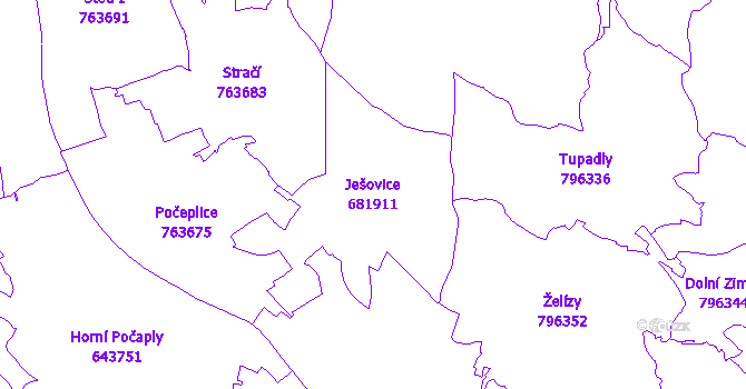 Katastrální mapa Ješovice - přehledová mapa katastrálního území