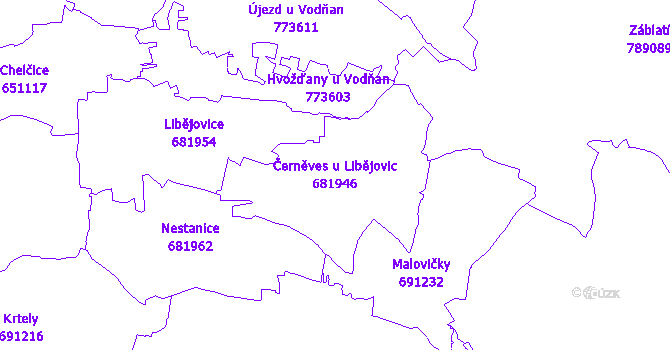 Katastrální mapa Černěves u Libějovic - přehledová mapa katastrálního území
