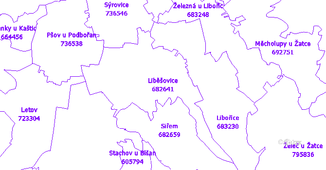 Katastrální mapa Liběšovice - přehledová mapa katastrálního území