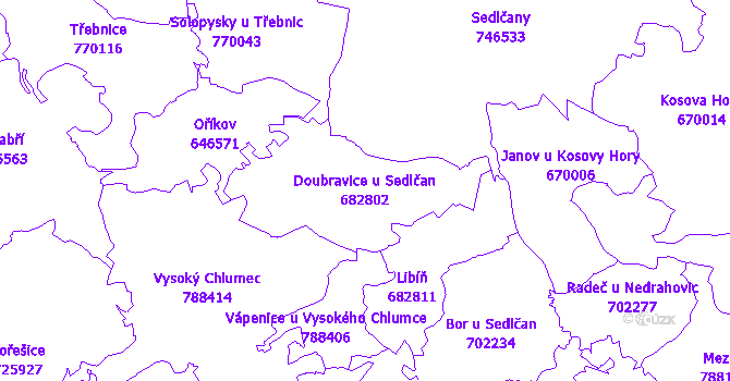 Katastrální mapa Doubravice u Sedlčan - přehledová mapa katastrálního území