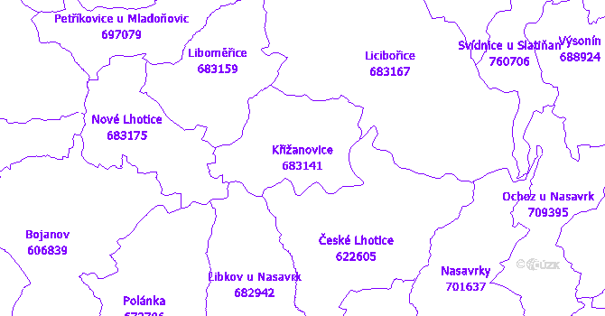 Katastrální mapa Křižanovice - přehledová mapa katastrálního území