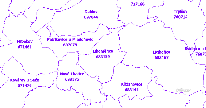 Katastrální mapa Liboměřice - přehledová mapa katastrálního území