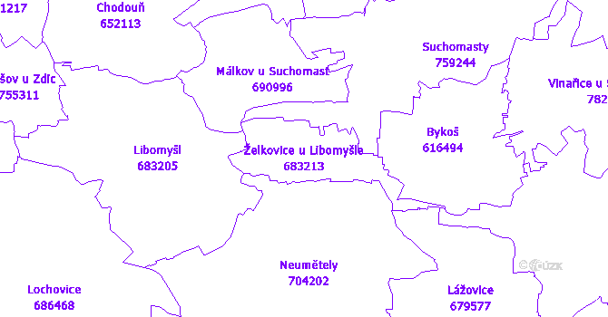Katastrální mapa Želkovice u Libomyšle - přehledová mapa katastrálního území