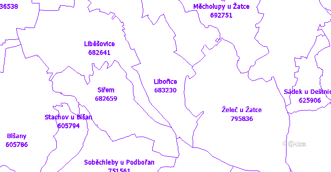 Katastrální mapa Libořice - přehledová mapa katastrálního území