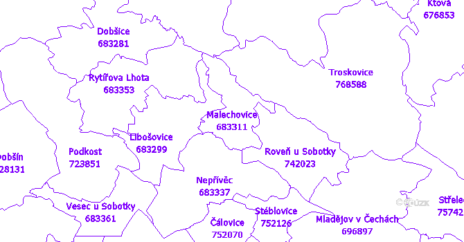 Katastrální mapa Malechovice - přehledová mapa katastrálního území