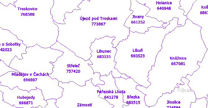 Katastrální mapa Libunec - přehledová mapa katastrálního území