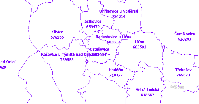 Katastrální mapa Ostašovice - přehledová mapa katastrálního území