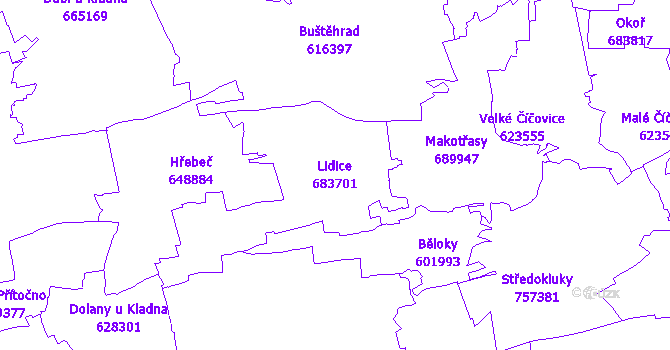 Katastrální mapa Lidice - přehledová mapa katastrálního území