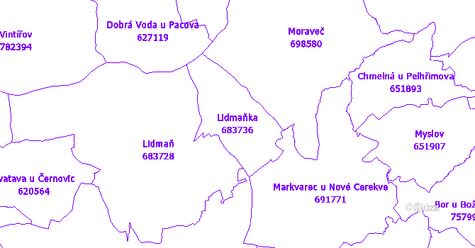 Katastrální mapa Lidmaňka - přehledová mapa katastrálního území