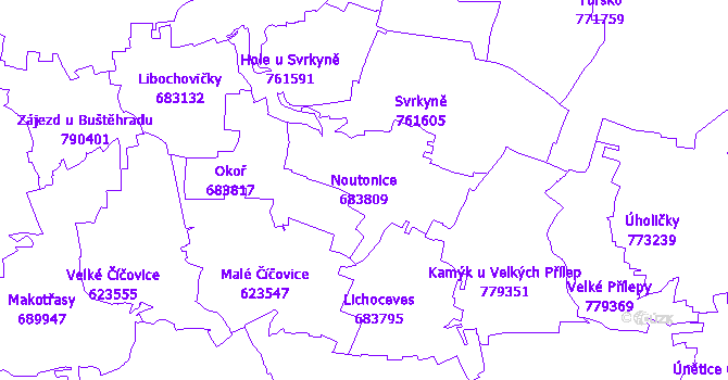 Katastrální mapa Noutonice - přehledová mapa katastrálního území