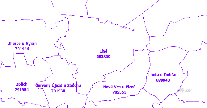 Katastrální mapa Líně - přehledová mapa katastrálního území