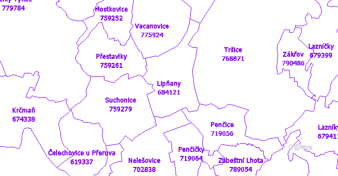 Katastrální mapa Lipňany - přehledová mapa katastrálního území
