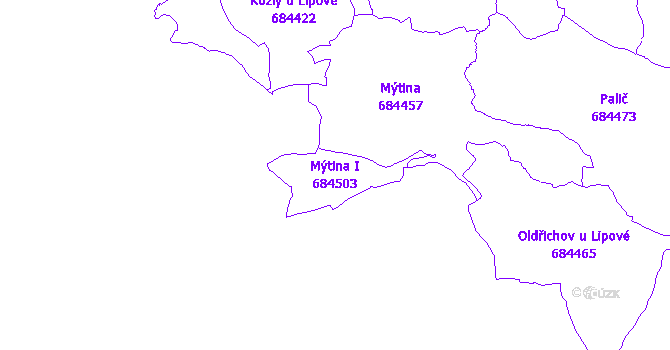 Katastrální mapa Mýtina I - přehledová mapa katastrálního území
