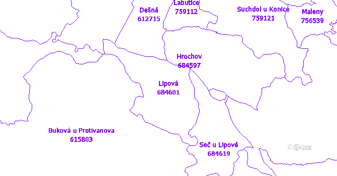 Katastrální mapa Lipová - přehledová mapa katastrálního území