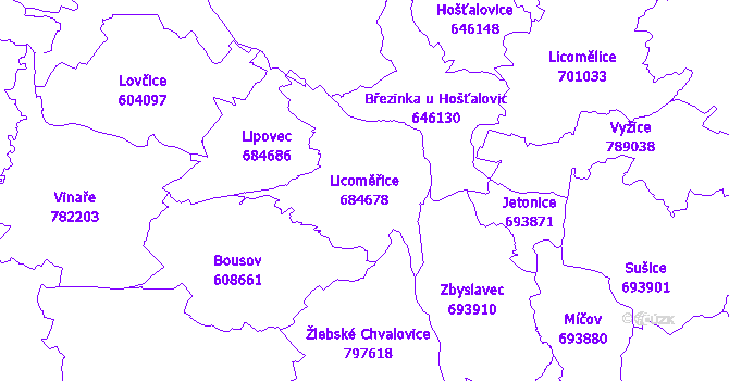 Katastrální mapa Licoměřice - přehledová mapa katastrálního území