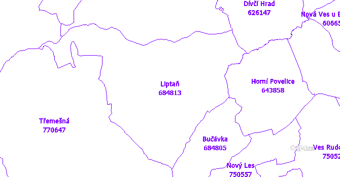 Katastrální mapa Liptaň - přehledová mapa katastrálního území