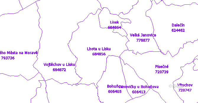 Katastrální mapa Lhota u Lísku - přehledová mapa katastrálního území