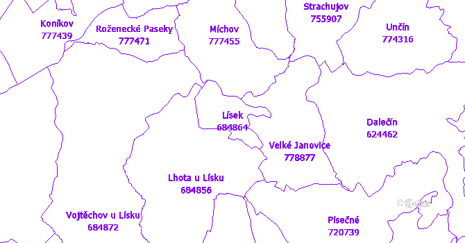 Katastrální mapa Lísek - přehledová mapa katastrálního území