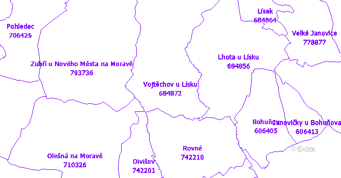 Katastrální mapa Vojtěchov u Lísku - přehledová mapa katastrálního území