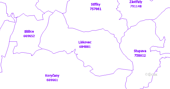 Katastrální mapa Lískovec - přehledová mapa katastrálního území