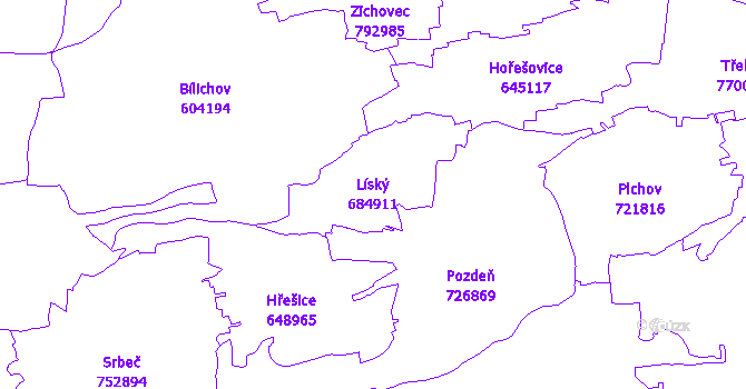 Katastrální mapa Líský - přehledová mapa katastrálního území
