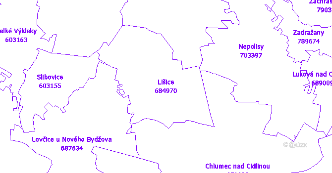 Katastrální mapa Lišice - přehledová mapa katastrálního území